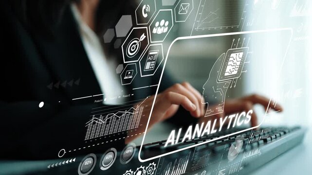 Business professional engaging with AI analytics technology in a modern office environment for data-driven insights. Asymptotic smart data analytic.