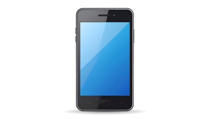 Front view of a sleek, black smartphone with a bright blue screen, casting a soft shadow on a white background