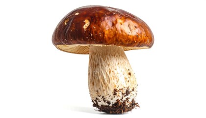 Large brown-capped mushroom with textured white stem and dirt on base, isolated on a white background
