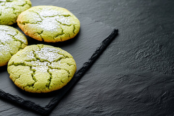 Delightful green matcha cookies on a dark slate plate