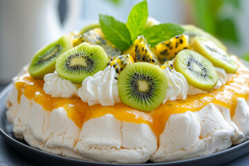 Delightful fruit pavlova topped with vibrant kiwis and passionfruit