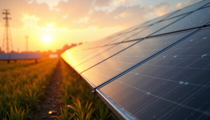 Photovoltaic solar panels at sunset with water drops. Renewable energy power plant in green field. Sustainable electricity concept