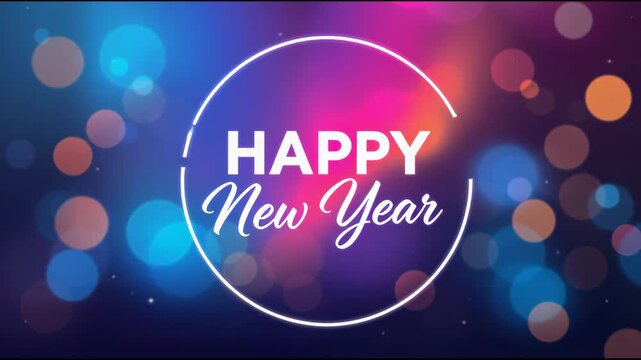 Happy New Year Greeting Animation with Colorful Floating Bokeh Lights and Sparkling Particles on a Vibrant Background