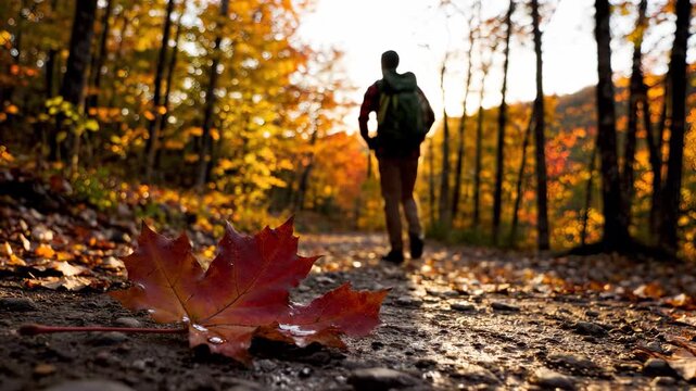 A man walks along a forest path surrounded by vibrant autumn leaves, enjoying the beauty of nature. The bright red leaf on the ground captures the essence of the autumn scene.