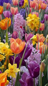 Bunte Tulpen, Narzissen und Hyazinthen im Fr&uuml;hlingsgarten