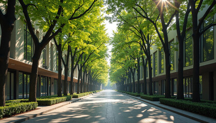 Modern city avenue lined with green trees and sunlight. Empty urban street with contemporary architecture and glass windows. Perspective view of a luxury residential district
