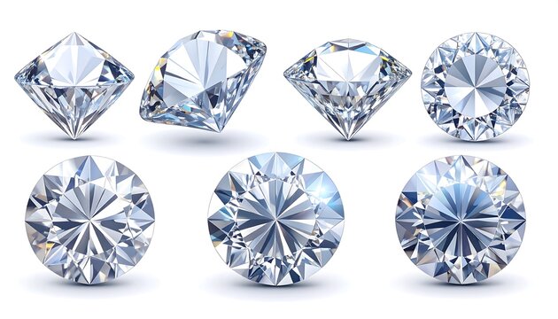 Group of shiny diamonds in multiple cut styles, arranged on white