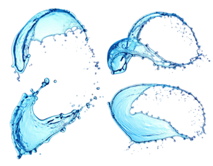 Four stylized splashes of transparent water against a black background