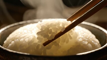 A closeup shot of steaming hot white rice being served with traditional wooden chopsticks from a ceramic bowl highlighting the fresh fluffy texture and inviting warmth of this essential Asian staple .