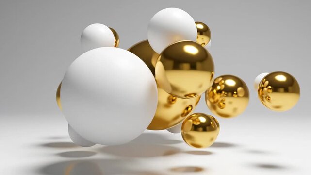 Composition of reflective gold and matte white spheres floating in a minimalist setting