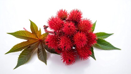 Group of spiky red castor beans with vibrant green leaves against a clean white backdrop, top view