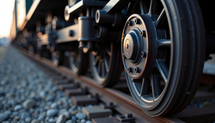 Fototapeta premium Close-up of heavy metal train wheels on a railway track at sunset. Industrial freight locomotive detail with selective focus. Transportation and logistics concept