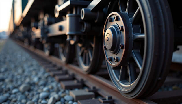 Close-up of heavy metal train wheels on a railway track at sunset. Industrial freight locomotive detail with selective focus. Transportation and logistics concept