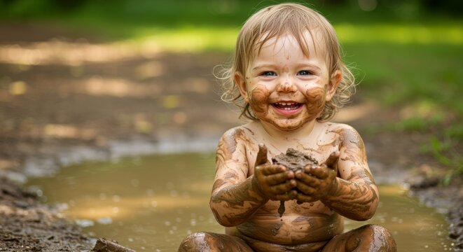 Playful toddler enjoys muddy fun in nature joyful outdoor scene