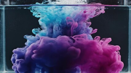Vibrant ink plumes in water, blending shades of blue and magenta, with a black background - Powered by Adobe