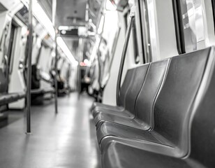 Inside a train car; empty seats in the foreground, with blurred figures in background. Grayscale