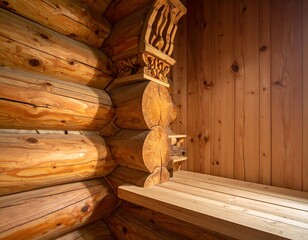 Inside a sauna made of light wood logs with a wooden bench and carved corner post in bright light