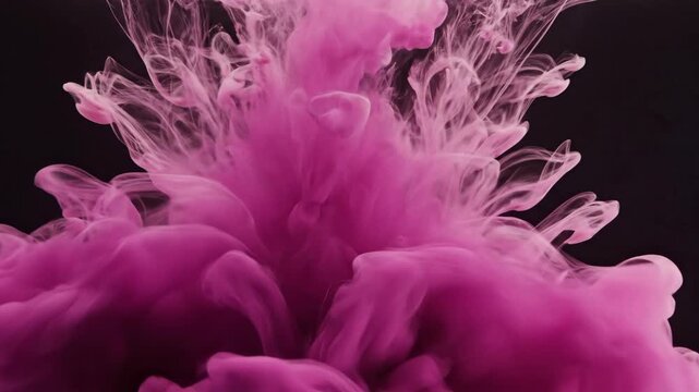 Vibrant magenta and pink ink plumes bloom against a dark background, creating dynamic abstract art