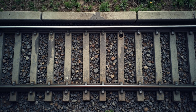 Top view of a railway track with concrete sleepers and gravel ballast. Overhead railroad infrastructure texture with green grass