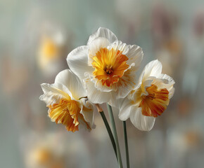 Macro Close-Up of Three White and Orange Daffodils with Ruffled Petals and Soft Bokeh Background created with Generative AI Technology, ai, generative