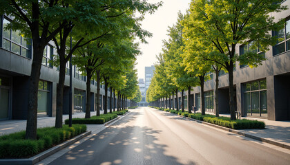 Modern street lined with green trees and dark office buildings. Empty asphalt road in a contemporary business park or urban district. Perspective view of city architecture on a sunny day