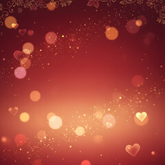 Red romantic bokeh background with glowing hearts and sparkling lights