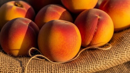 A Handful of Ripe Peaches on Burlap with Twine