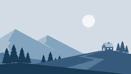 Minimalistic winter landscape with road to the house and mountains in Scandinavian style. Vector illustration in blue colors
