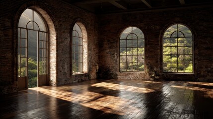 Fototapeta premium A cavernous, aged room features tall arched windows framing a verdant, sunlit hillside, with hardwood flooring casting shadows