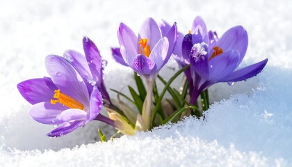 Purple crocus flowers blooming amidst a snowy landscape on a bright, sunny day