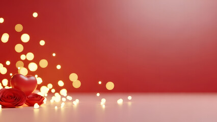Red festive background with rose flower and golden bokeh lights romantic concept