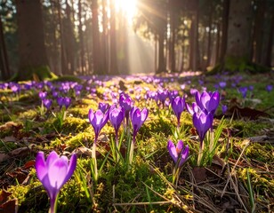 Purple crocuses bloom amid moss under sunlit trees in a forest, creating a bright, natural and serene scene