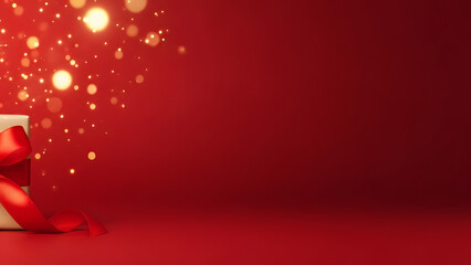 Red festive background with gift box and golden bokeh lights luxury celebration