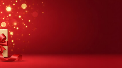 Red festive background with gift box and golden sparkling lights celebration concept