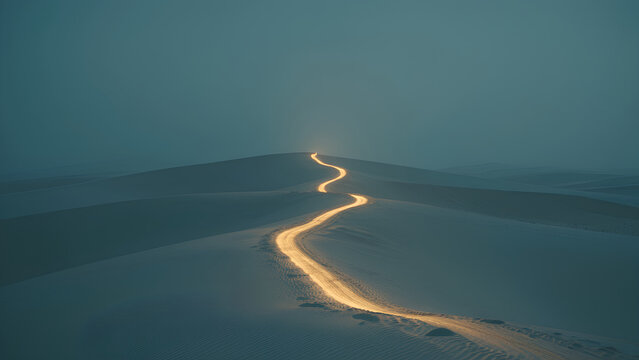 Minimal blue desert dunes with a winding glowing golden trail to a distant horizon, calm abstract business journey metaphor for growth roadmap, long-term investing, strategic planning, risk navigation
