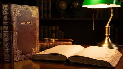 Antique Leather Bound Books Open on a Desk with a Vintage Lamp and Magnifying Glass
