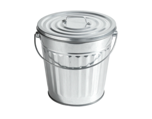 A metallic trash receptacle with a lid, handle, and a black background