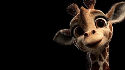 A close-up, animated depiction of a giraffe's head with large, expressive eyes and a friendly, inquisitive expression against a black background