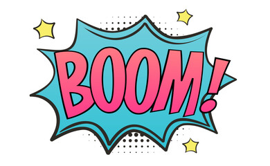 Pop art comic explosion with bold Boom lettering. Cartoon text for posters, stickers, comic books. Vector illustration