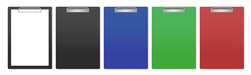 Set of colorful clipboards in black, blue, green, and red. Board with holder for office document, planning, presentation. Vector illustration