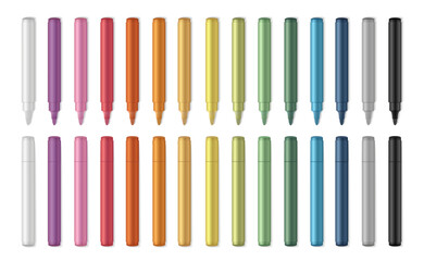 Realistic set of colorful open and closed marker pens for education, art, stationery mockups. Vector illustration