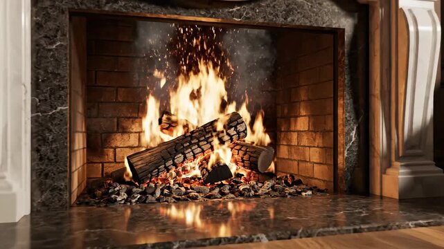 Warm fireplace with burning logs, flames, smoke, brick, and a marble mantel