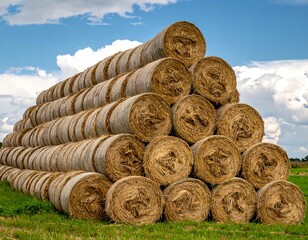 Large haystack pyramid of round, dry, golden hay bales in green field under a blue sky with fluffy white clouds