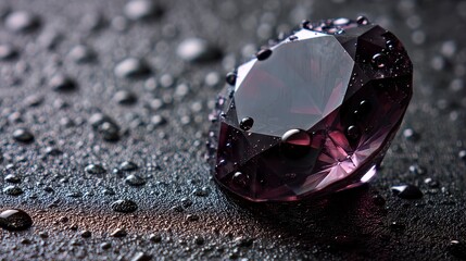 A close-up shot of a faceted gemstone, glistening with water droplets against a dark, textured surface. Focus is on the gem's sharp edges