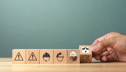 Hand placing safety and security blocks on wooden table
