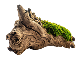 Weathered, textured driftwood with vibrant green moss on black backdrop