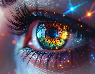 Intense close-up of an eye with a colorful, galaxy-like iris and radiant light effects