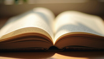 Close-up of an open book with blurred text in warm sunlight. Education and literature concept with selective focus