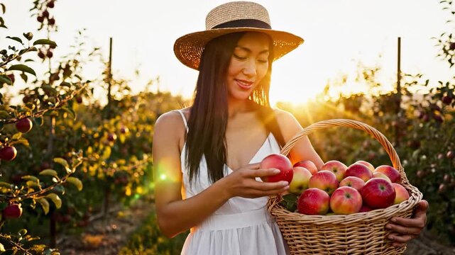 A woman in a sun hat holds a basket filled with red apples, standing in an orchard at sunset. The apples and orchard create a serene environment filled with warm light and color.