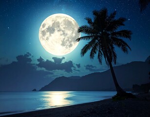 Large moon illuminates a tropical beach at night, with a palm tree and calm ocean waters reflecting its glow